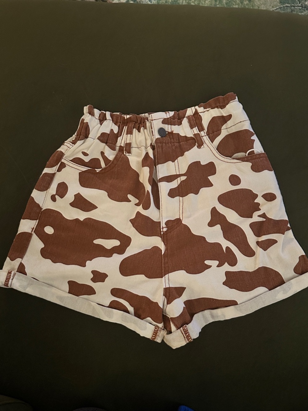 High-Waist Cow-Print Jean Shorts in White & Brown